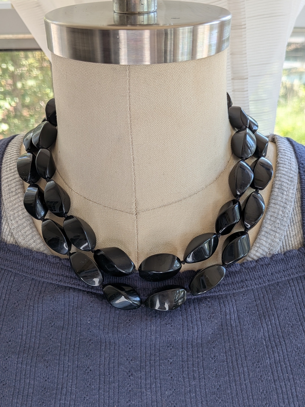 Black Jet Beaded Double Strand Statement Collar Necklace Faceted Oval Chunky